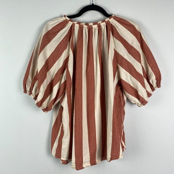 Knox Rose Top Womens L Striped Puff Sleeve Tie Neck Cream Red Cotton Boho - Picture 6 of 10